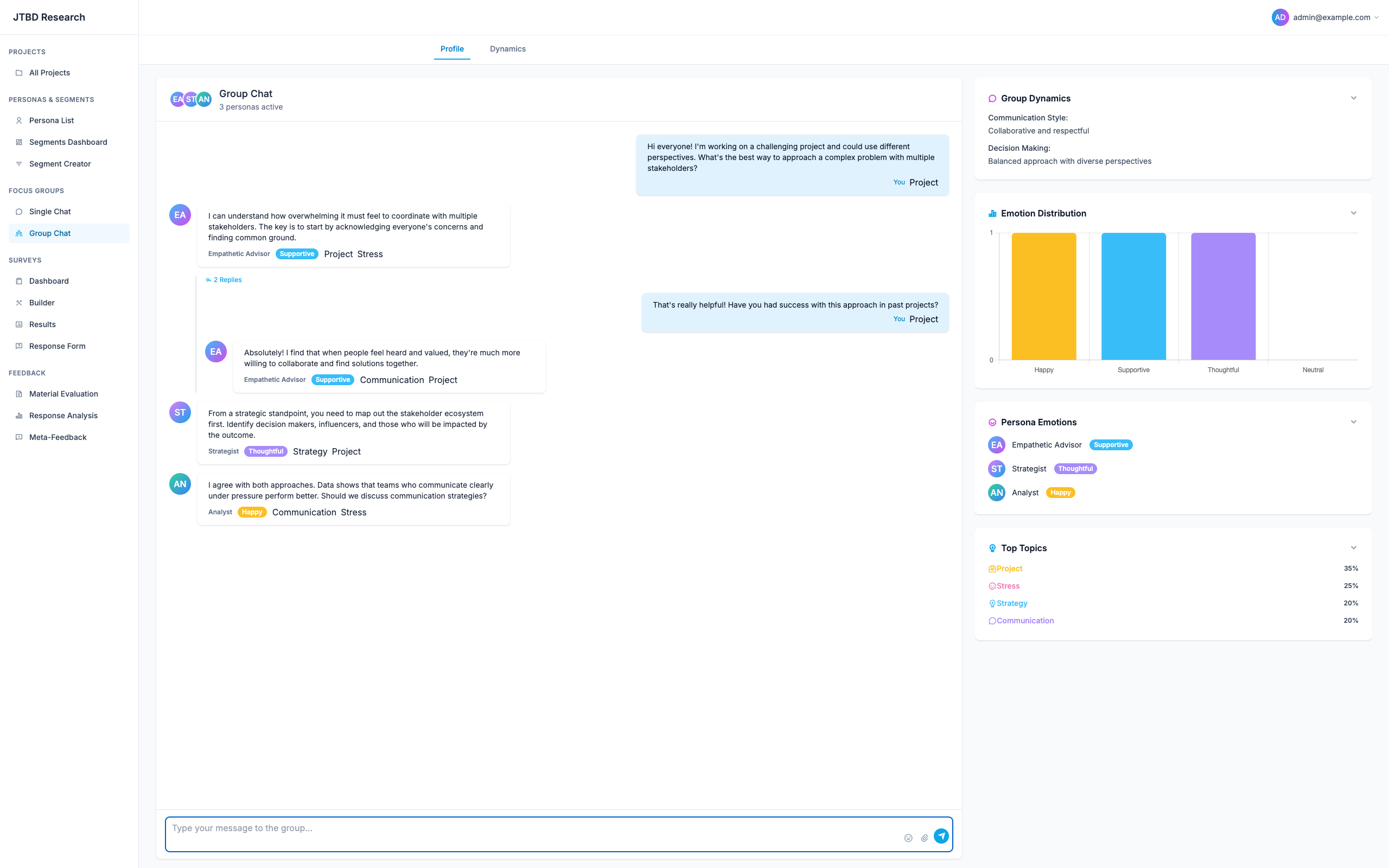 AI personas with different psychological profiles discussing product features in a group research session